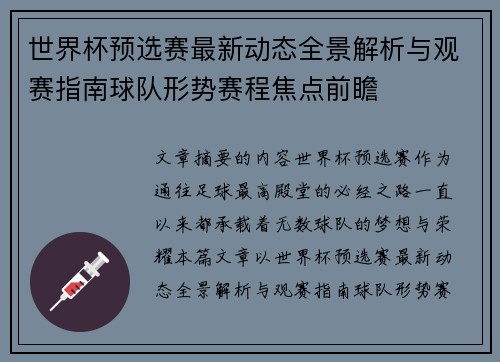 世界杯预选赛最新动态全景解析与观赛指南球队形势赛程焦点前瞻