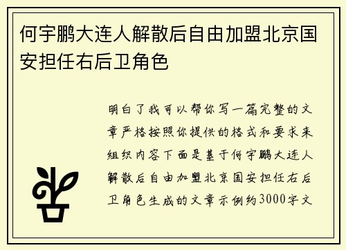 何宇鹏大连人解散后自由加盟北京国安担任右后卫角色